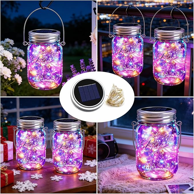 VOOKRY 12 Pack Solar Mason Jar Lights, 30 LED Mason Jar Lids Waterproof Firefly Fairy String Lights with 12 Hangers(No Jars), for Outdoor Patio Garden Yard Lawn Party Wedding Decoration - Multicolor