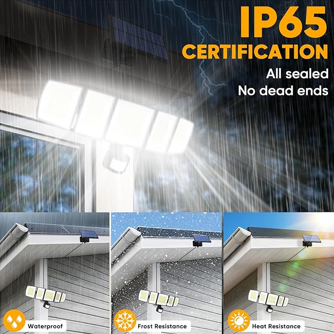 Solar Motion Lights Outdoor - With 16.4ft Cable, 3000LM Ultra-Bright LED Security Lights for Outside Dusk to Dawn, 2400mAh IP65 Waterproof Flood Lights with Remote for Court Yard Garage Front Door