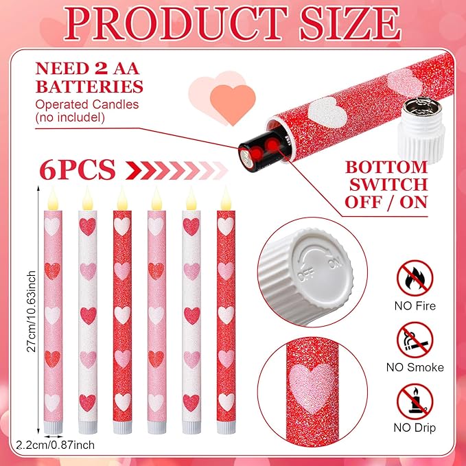 Honoson 6 Pcs Heart Glitter Flameless Taper Candles 10.6 Inch Valentines Day Candles Battery Operated LED Candlesticks for Valenties Wedding Bridal Birthday Baby Shower Party Dinner Table Home Decor