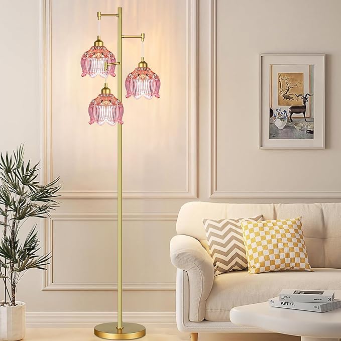 Glass Floor Lamp for Living Room,Bedroom,Gold Flower Mid Century Modern Standing Lamp Brass Tree 3 Light Tall Floor Lamps Vintage Floor Lights Pink Lamp Shade Farmhouse Boho Bohemian