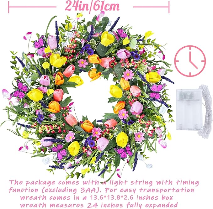 24 Inch Spring & Summer Artificial LED Tulip Wreath with LED Lights, Multicolor, for Easter, Holidays & Celebrations