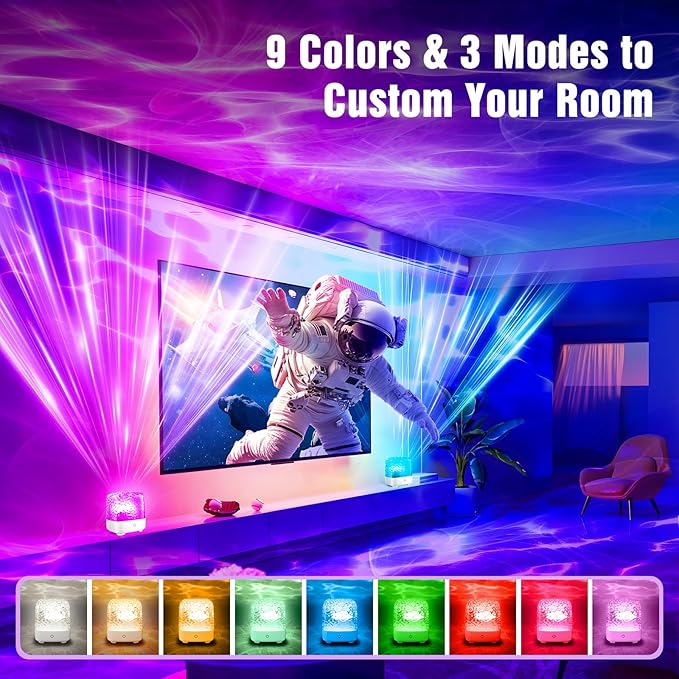Northern Lights Projector, 2000 mAh Wireless 16 Colors Luminorthe Cube Crystal Lamp with Touch/Remote Control, Rechargeable Ocean Wave Night Light Projector for Kids, Room Decor, Bedroom (1800 mAh)