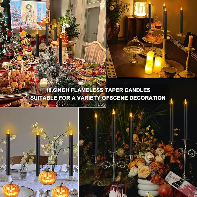 Flameless Taper Candles 10.6" Dripless Battery Operated Taper Candles Included Remote Timer 400+ Hours by 2AA Batteries for Halloween Christmas Wedding (Black, 6 Pack)