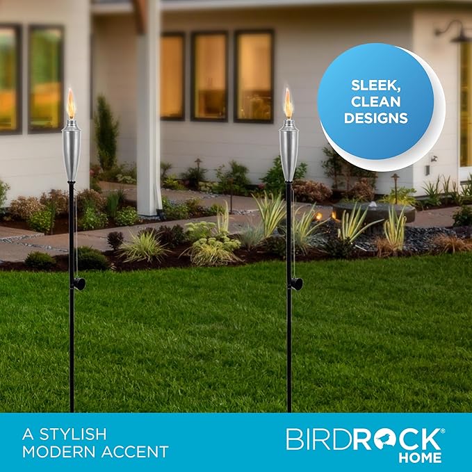 BIRDROCK HOME 60" Outdoor Torches - Durable Construction, Modern Design, Weather Resistant, Citronella Oil Compatible, Ideal for Backyards, Patios, Pathways - Garden Silver, 4 Pack