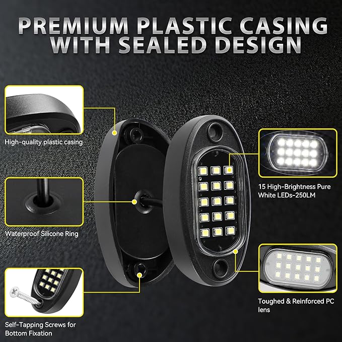 12 Pods Pure White LED Rock Lights with Extension Wires, 6500K Super Bright White Underglow Kit for Truck Trailer Offroad Pickup SXS UTV, IP67 Waterproof Under Trailer Lighting