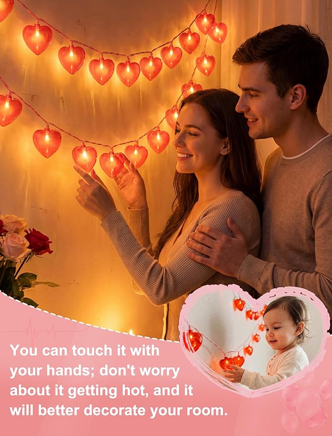 Valentine’s Day Red Heart String Lights, 12FT Plug-In Connectable Fairy Lights with 20 LED Glitter Heart Bulbs, Romantic Indoor Outdoor Decor for Wedding, Party, Window, Anniversary, Christmas