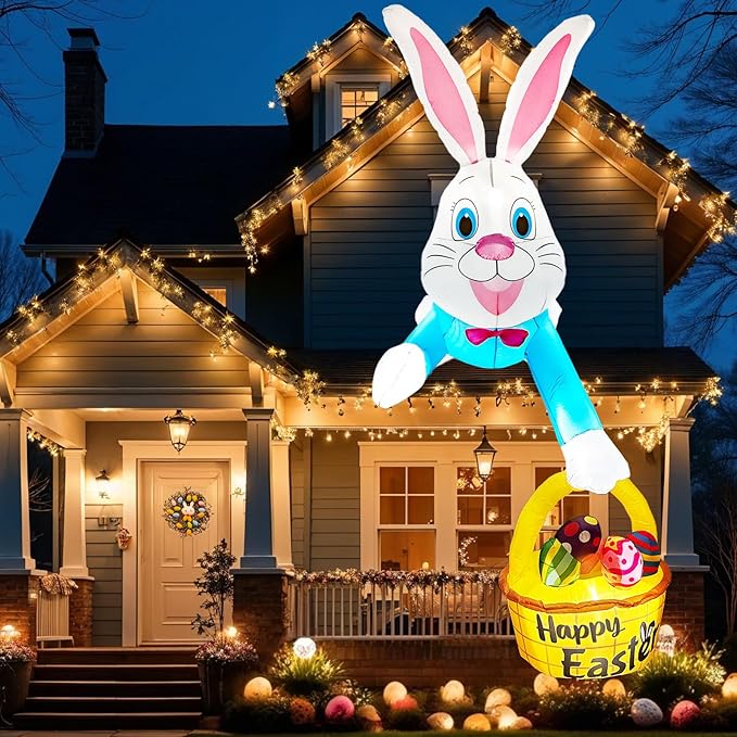 8FT Climbing Easter Inflatables Outdoor Decorations Blue Inflatable Bunny Eggs Decor with LED, Easter Blow Ups for Outside Roof Yard Shop Fence