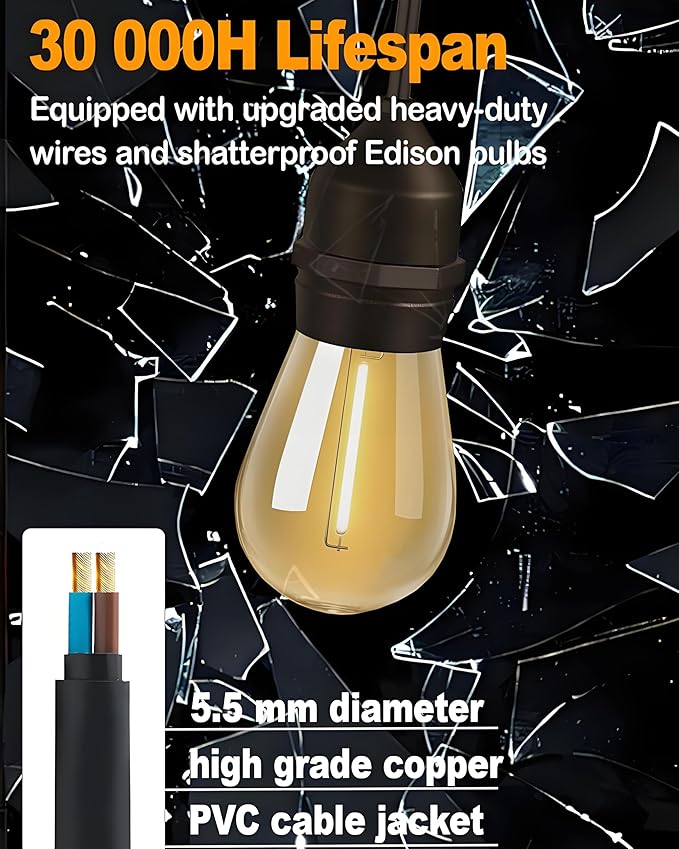Outdoor String Lights Waterproof with 16 Bulbs 1.6FT Spacing, 25FT Patio Lights, 120V LED Hanging Lights for Porch, Balcony, Gazebo, Yard, Garden, Backyard, Camping and Party Decor