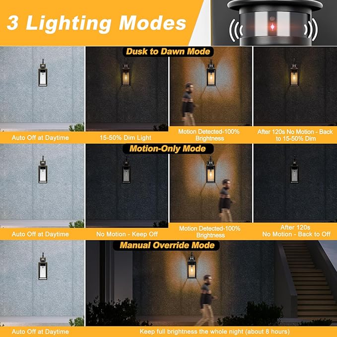 Large Motion Sensor Outdoor Wall Light 20" - Black Dusk to Dawn Outdoor Lighting, Modern Wall Mount Light Fixture, Waterproof Porch Light Fixture for Outside House Garage, 3 Modes (with Gold Trim)