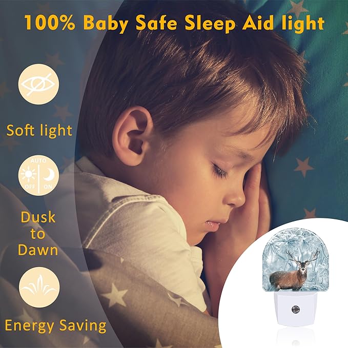 Red Deer in Winter Forest Night Light Plug into Wall, Beautiful Christmas Scenery Dusk to Dawn Night Light Plug in,0.5w Energy Saving Sleep Friendly NightLight for Kids Boys Girls Home Decor