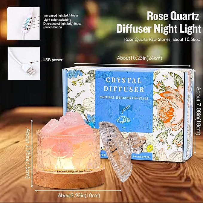 Runyangshi Crystal Lamp Night Light - Natural Rose Quartz Crystal Stone, 3 Lighting Modes with 10 Brightness Levels, Kid & Pet Friendly Design, USB Powered, Ideal for Home and Decor & Gift