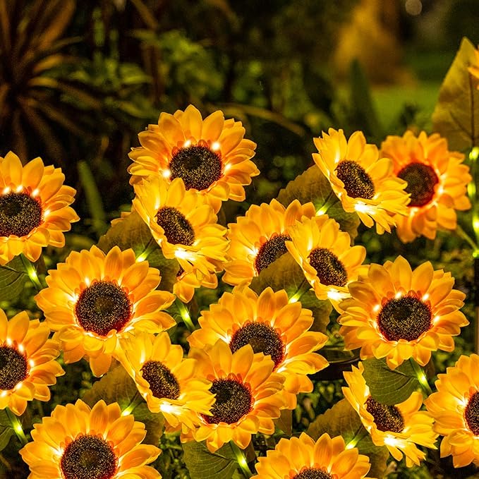 Solar Powered Sunflowers for Outside, Auto ON/Off Solar Garden Lights Outdoor Waterproof, 3 Packs Walkway Solar Lights with 9 Sunflowers for Garden, Yard and Lawn Ornaments