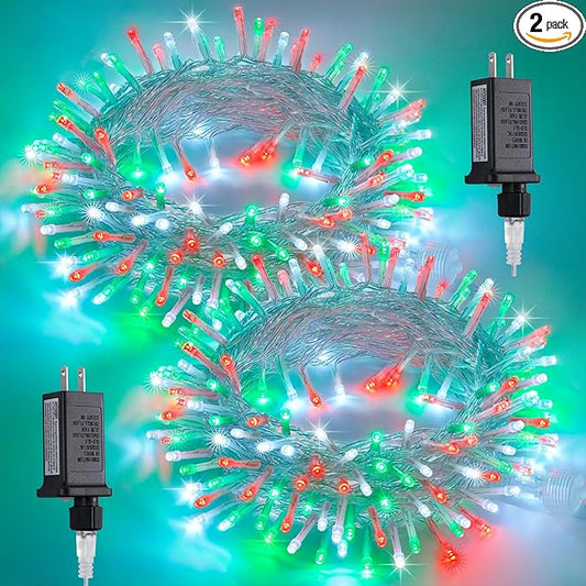 JMEXSUSS 2 Pack 100 LED Red White and Green Christmas Lights, 8 Modes Christmas String Lights Plug in Indoor, Clear Wire LED String Light Outdoor Waterproof for Xmas Tree Decorations