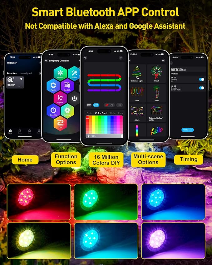 T-SUN Colored Pond Lights with APP and Remote Control – Bright LED Underwater Light Submersible Fountain Lights, IP68 Waterproof Landscape Lighting for Garden Koi Ponds Aquarium (Set of 5)
