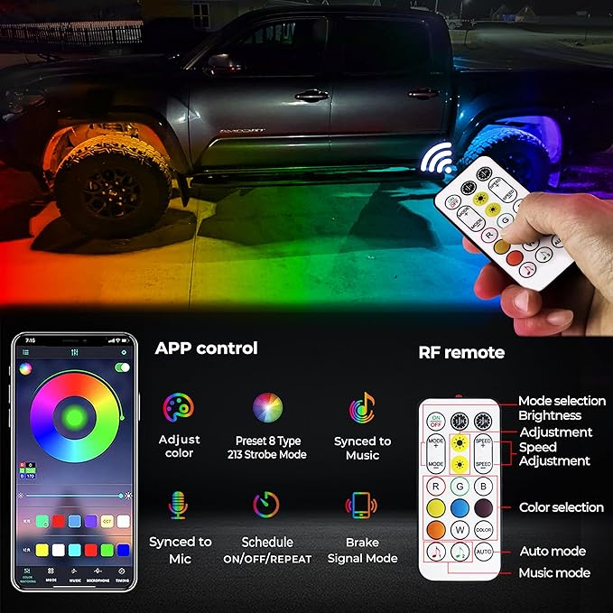6 Pods Full Angle RGB Rock Lights Compatible with 12V Trucks Jeep UTV SUV ATV Boat Golf Cart, Waterproof Multi-Color, App/Remote Control Led Rock Lights with Music Mode