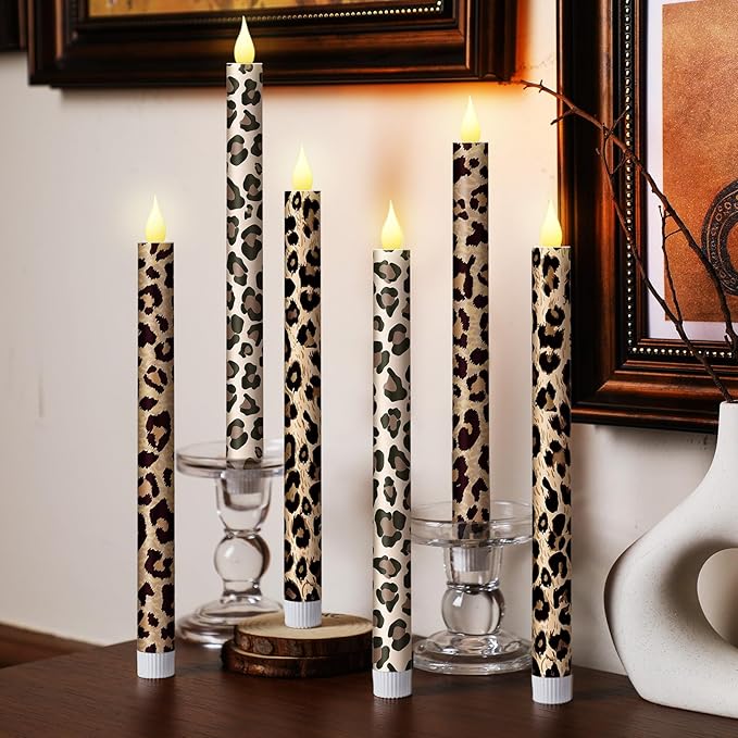 Honoson 6 Pcs Leopard Flameless Taper Candles 10.6 Inch Cheetah Print Candles Battery Operated LED Candlesticks for Animal Theme Birthday Party Dinner Table Home Bathroom Decor