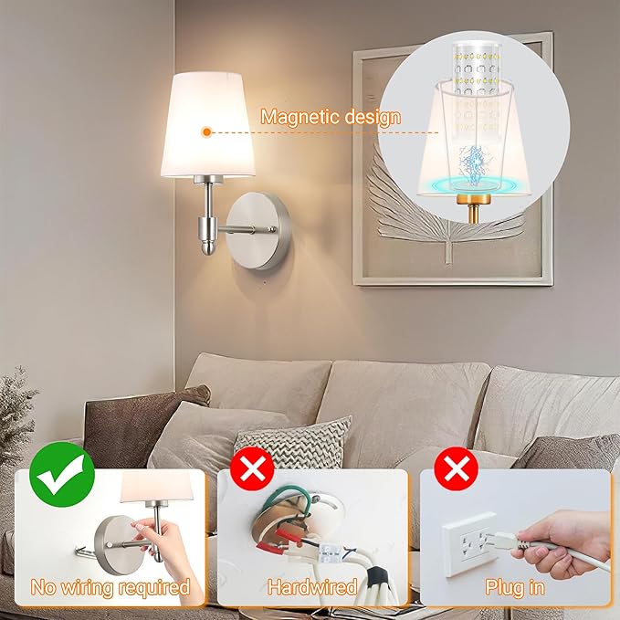 Battery Operated Wall Sconces Set Of 2, Wireless Battery Wall Light With 10000mAh RGB Rechargeable Magnetic Bulb, Rechargeable Wall Sconce With Remote Control For Bedroom, No Electrician Required