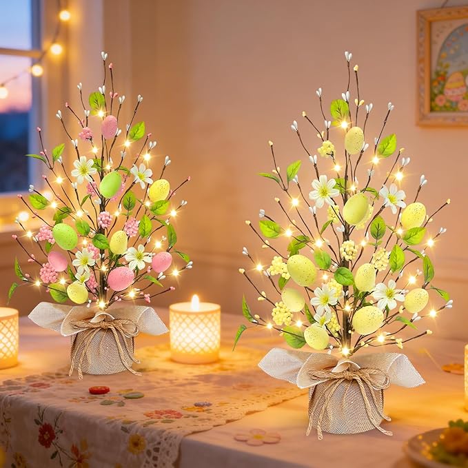 2 Pack & Timer - Easter Decorations, 18 Inch Lighted Easter Tree Tabletop with 40 LED Warm White Lights Colorful Eggs Floral Berries Battery Operated Easter Egg Tree Home Indoor Party Spring Decor