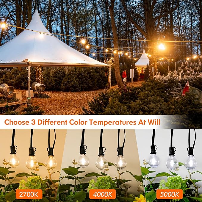 100FT LED Outdoor String Lights with 3 Color Lights, Dimmable String Lights for Outside with Remote, G40 Globe Waterproof Patio Lights with 50+2 Shatterproof Bulbs for Party Backyard BBQ House Camping
