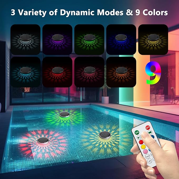 Solar Rechargeable Floating Pool Lights(4 Pack), Pool Lights That Float with Remote Control, 9 Lighting, Timing Mode, IPX7 Waterproof for Inground Pool, Bathroom, Bathtub, Pool Party