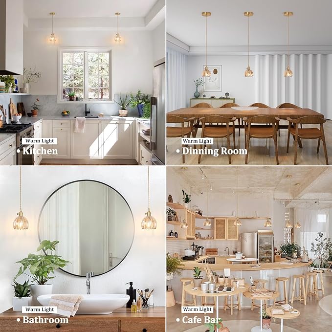 Mini Pendant Light 2 Pack with Amber Tulip Glass Lmapshade, Brass Vintage Pendant Light Adjustable Hanging Light for Kitchen Island Dining Room Hallway