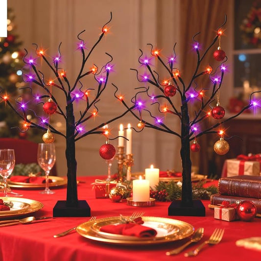 2-Pack Lighted Halloween Christmas Fall Tree Decorations Indoor, 2ft Black Birch Tree with LED Lights, Small Tabletop Christmas tree with lights, Warm White Battery- Powered Fairy Light Spirit