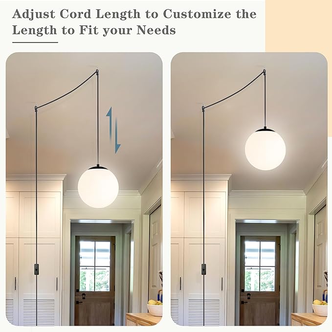 KoKo&Yukina 10" Globe Pendant Light Black Plug in Pendant Light Adjustable Hanging Lights with Plug in Cord Matte Black Finished with Milk Glass Lampshade for Bedroom Kitchen Island（Bulb Included）
