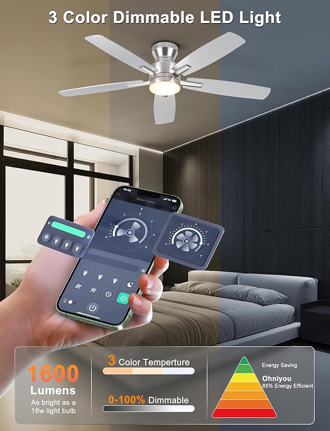Ohniyou Ceiling Fans with Lights, 52'' Low Profile Ceiling Fan with Light and Remote/APP Control, Modern Flush Mount Ceiling Fan for Indoor Bedroom Living Room, Dimmable, Qiuet DC Motor, Silver
