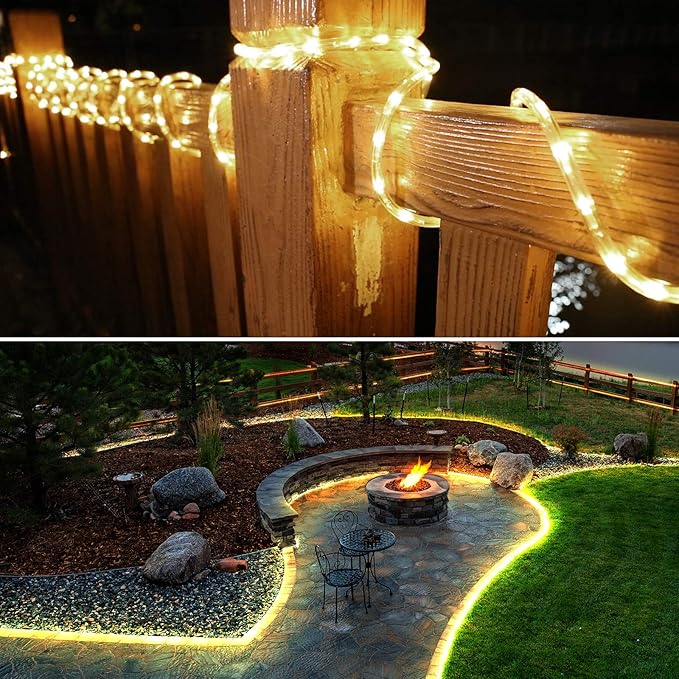 LE 33ft 240 LED Rope Lights Outdoor 24 Volts, 3/8 inch Clear Tube, Upgraded 2700K Warm White, Connectable (Up to 3 Sets), Not Dimmable, Waterproof String Lights for Patio Deck Railing Stair Landscape