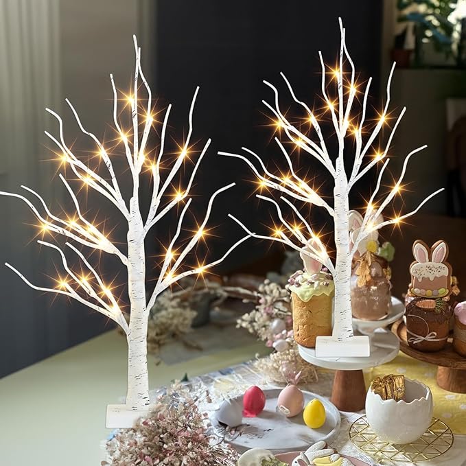 PEIDUO Easter Decorations, 2FT Birch Tree with LED Lights, Warm White Light up Tree Lamp, Easter Tree for Home Table Inside, Easter Decor Indoor, Battery Powered, Timer (2PK)