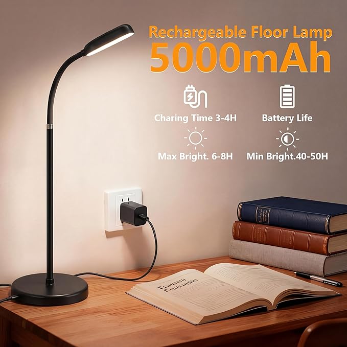 NBPLUS Cordless Portable Floor Lamp, White Touch- Standing Lamp with 3 Color Temperatures, Lightweight & Easy to Carry for Indoor Outdoor Camping Bedroom-Black