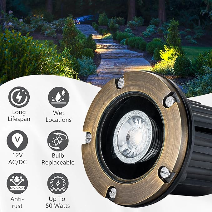 LumStory Brass Well Lights Landscape LED Low Voltage Landscape Lighting 12V Outdoor In Ground Lights for Pathway, Driveway, Deck and Garden, with MR16 GU5.3 Bulb 3000K Warm White (Flat Top)