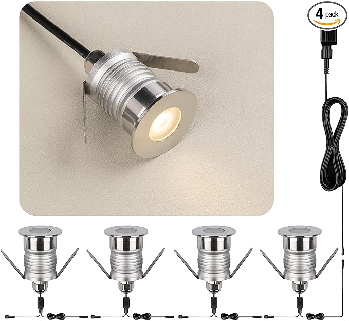 203 LED Underground Lamp, 1W, DC12-24V, IP67, Low-Voltage Recessed Type, Stainless Steel 304 Cover, Suitable for Outdoor Grounds, Decks, Squares, Parks, Courtyards (3000K, 4Packs)