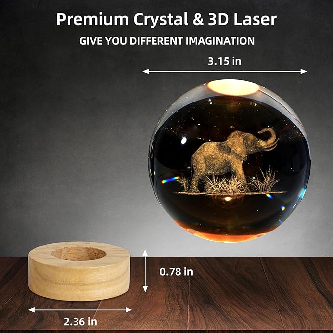 3D Crystal Ball Night Light, 3.15 Inch Glass Ball Lamp with 16 Color LED Wooden Base, Elephant Lamp Decor for Birthday, Holiday, Christmas Gifts