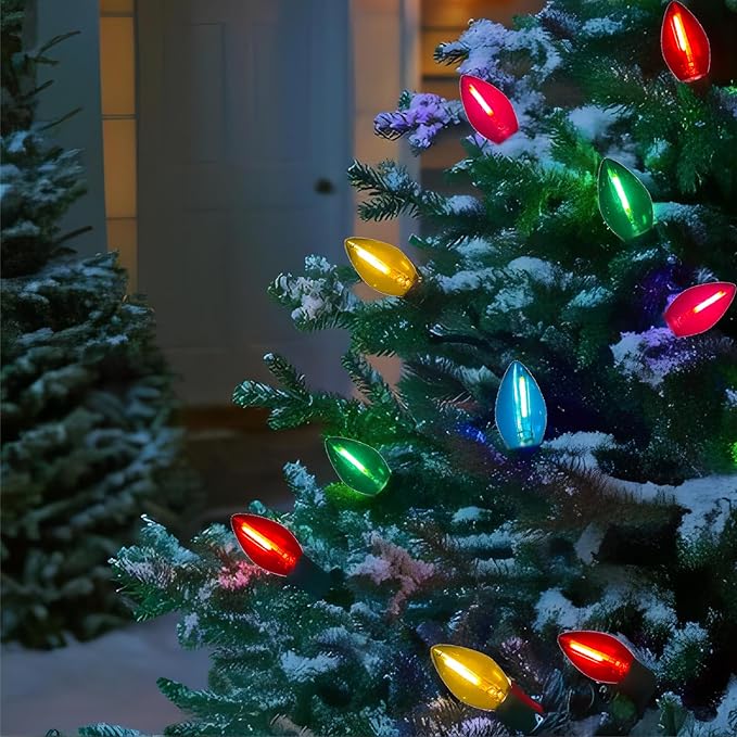 25 Pack LED C7 Christmas Lights Replacement Bulbs,Clear Multicolor Christmas Light Bulbs 0.6Watt Dimmable E12 LED Glass Bulbs for Indoor Outdoor Decorative