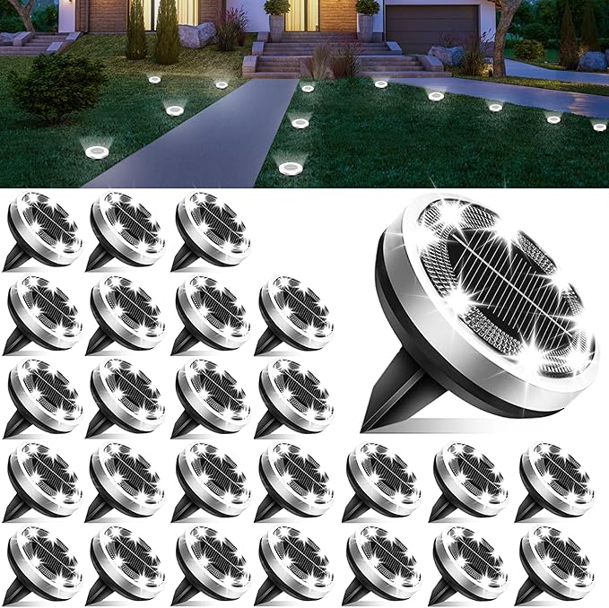 Solar Lights Outdoor Waterproof, 26 Pack 8 LED, Thickened Stainless Steel Ground Light, Solar Garden Lights Landscape Lighting for Patio Pathway Lawn Yard Deck Driveway Walkway, Cool White
