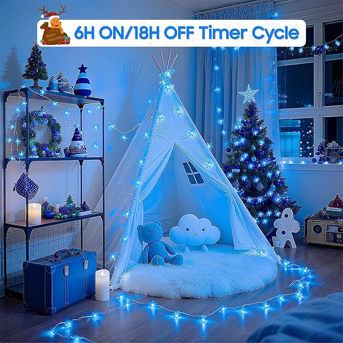 Blue Christmas Lights, Snowflake String Lights, 20FT 40 LED Mini Twinkle Lights Indoor, Rechargeable Fairy Lights Battery Operated with 8 Modes & Timer for Bedroom Party Home Xmas Tree Decorations