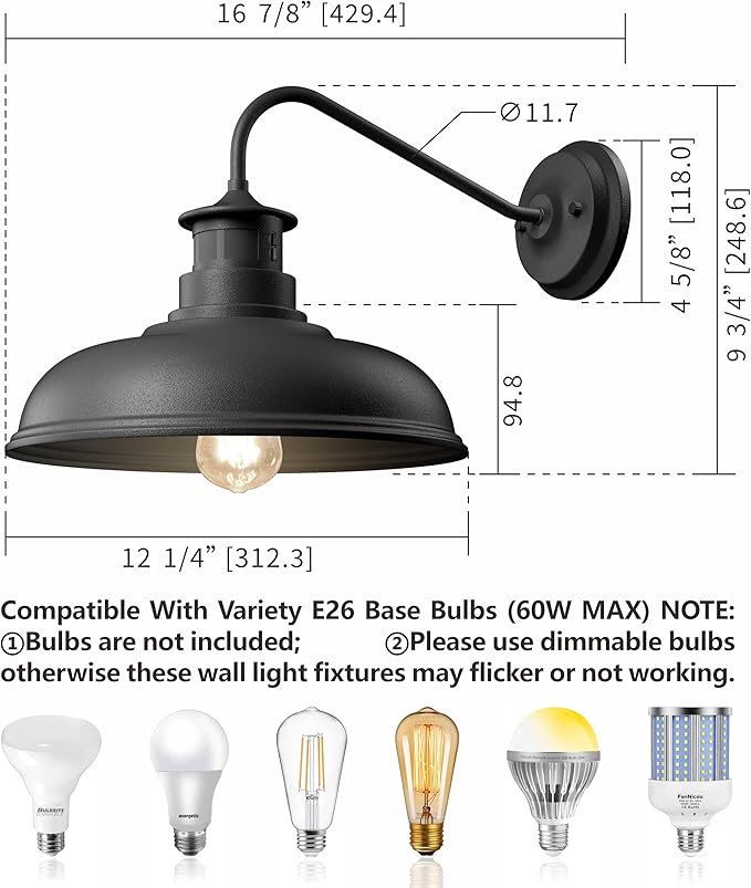 Set of 2 Gooseneck Outdoor Wall Lights Fixtures,Dusk to Dawn Motion Sensor Wall Sconce Farmhouse Barn Lamp for Patio,3 Modes Dimmable Exterior Porch Light Wall Mount Lighting with Rotary Dial Control