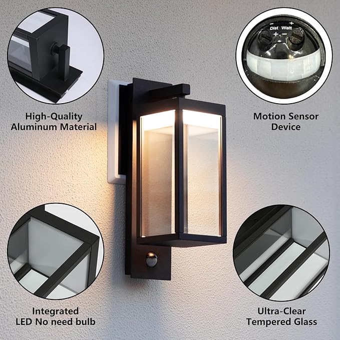 Lustrlach Upgraded Motion Sensor Outdoor Wall Light, 15” Porch Light Outdoor Wall Sconce Lantern, Exterior Lighting Fixture Wall Mount, Outside Light for House Garage Patio Front Door