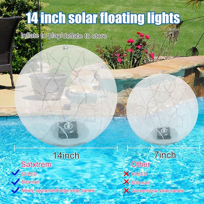 Solar Powered Floating Pool Lights - 14" Inflatable Waterproof Light UP Pool Glow Balls, 3000K Warm-White Led Pool Lights That Float for Party Decorations (White-8 Pack)