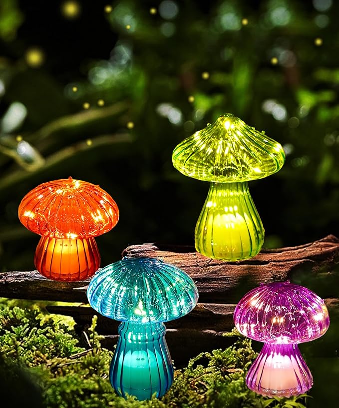 Nacome Glass Mushroom Table Lamp: Set of 4 Colored Small Cute LED Night Light Home Decor for Bedroom Desk - Birthday Gifts for Women