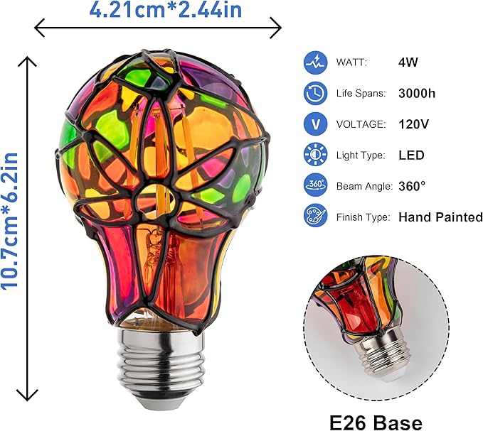 Stained Glass Light Bulb, Stain Tinted Glass Light Bulbs Indoor, 4W 120V, E26 Rainbow Painted Mosaic Bulb, Multi Colored Colorful Bulbs Indoor, Fun Romantic Unique Decorative Lighting for Lamp