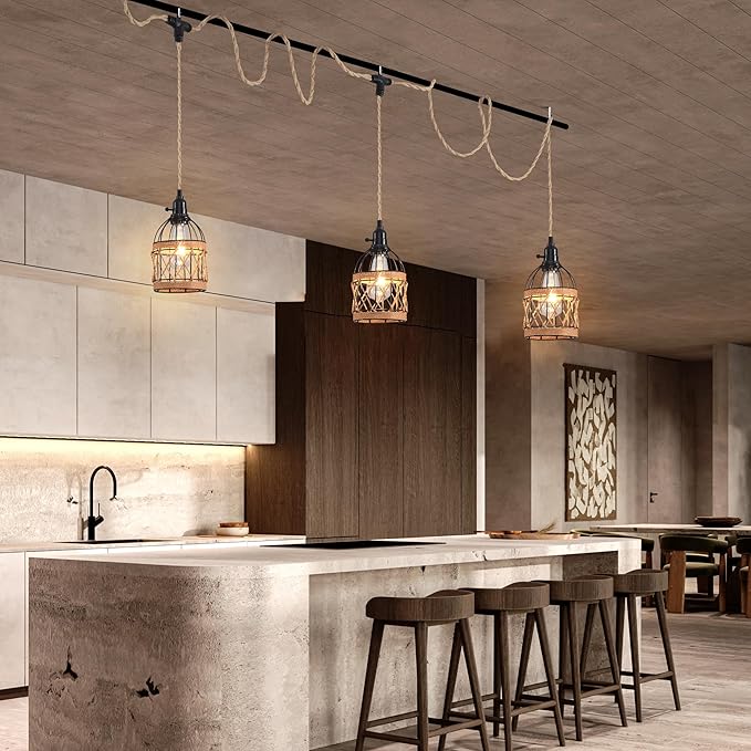 3 Light Hemp Rope Plug in Pendant Light Rattan Hanging Lights with Plug in Cord with Woven Lamp Shade, Plug in Cord Hemp Rope Hanging Lamp