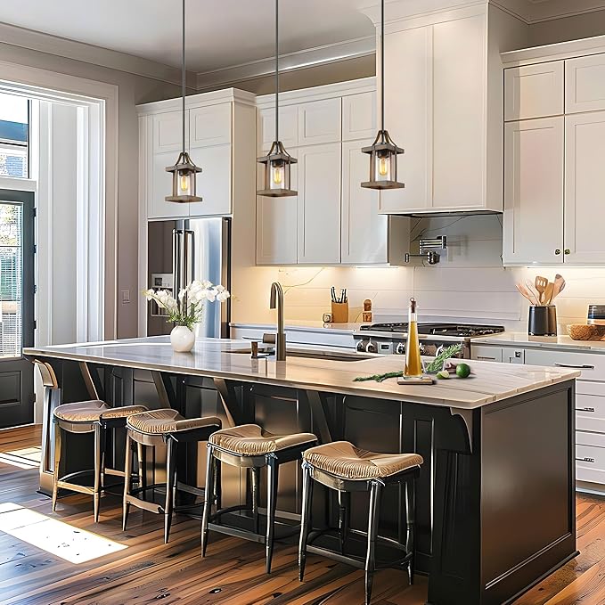 LOG BARN Pendant Lights Kitchen Island, Farmhouse Kitchen Pendant Lighting Over Island with Clear Glass, Rustic Faux Wood Pendant Light Fixtures, 5.5'' x 10.3''
