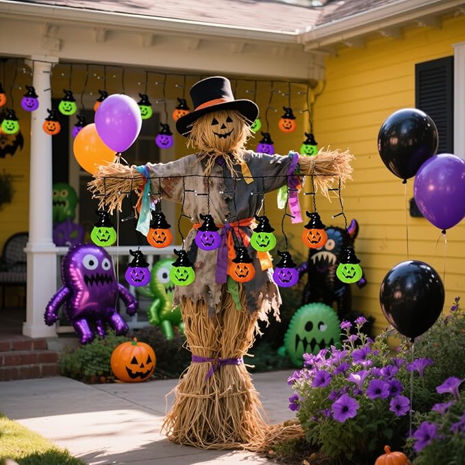 6FT 25LED Halloween Hooded Pumpkin String Lights, Icicle Light Strand with 10 Witch Hat Pumpkin Lights, 8 Lighting Modes, Battery Operated, Indoor Outdoor Holiday Decoration