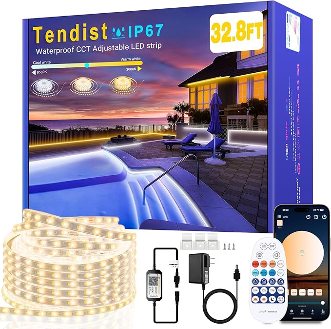 32.8FT Outdoor LED Strip Lights Waterproof IP67, Dimmable 3000K-6500K Warm White LED Rope Lights Outdoor Waterproof with Remote & APP, 24v Adhesive Exterior Lighting for Patio, Deck, Gazebo