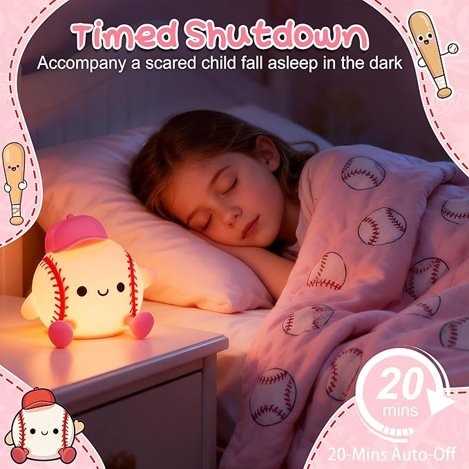 Softball Night Light, Gift for Girls Softball Players, Silicone Rechargeable Nursery Dimmable Baseball Lamp, Soft Touch Sports Themed Nightlight, Cute Room Decor Birthday Gift for Kid Teen Athlete