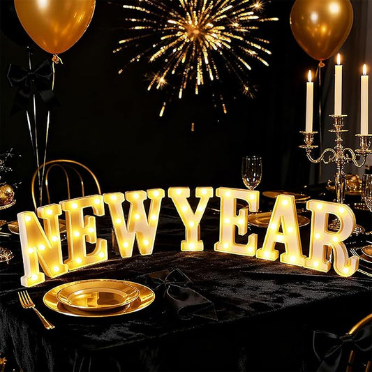 7 Pcs New Year Large LED Letter Sign LED Lights Battery Powered Table Decoration for New Year Christmas Party Tabletop Decoration