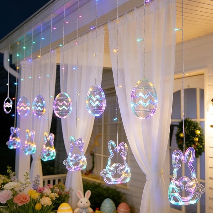 Dazzle Bright Easter Lights, 222LED 9FT Pastel Rabbit and Eggs Curtain String Lights with 8 Modes, Plug in Easter Decorations for Indoor Window Outdoor Party Decor (Pastel)
