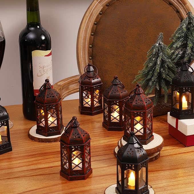 LLQ 12PCS Brushed Red Mini Lantern with LED Tealight for Halloween Decorations, Small Moroccan Lanterns for Wedding Decor, Vintage Christmas Lights for Table Centerpiece, Hanging Ornaments Bulk